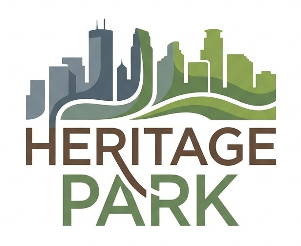 A logo for Heritage Park features a city skyline and the words "Heritage Park" in stylized text.